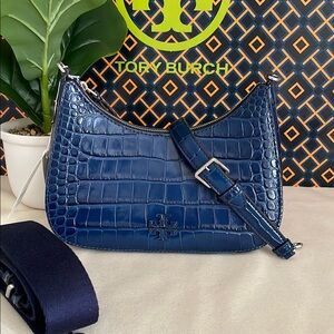 Tory Burch Blue Croc-Embossed Crossbody Bag